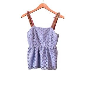 Waverly Grey Blue Lace Tank Peplum Top Colored Fringe Straps Sz XS Boho